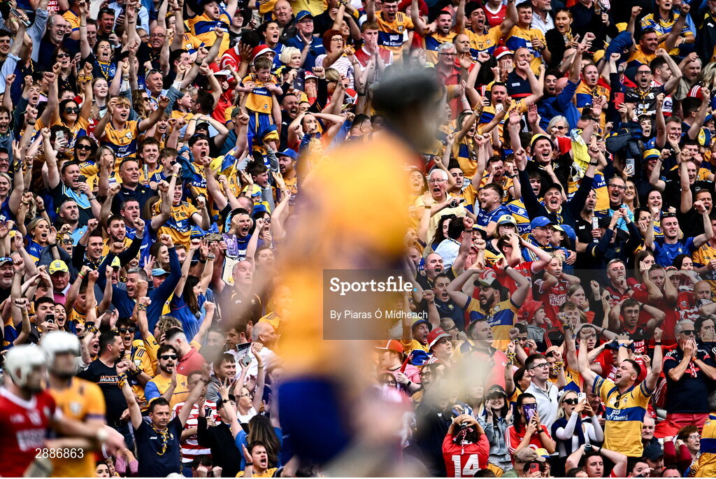 21 July 2024; Clare supporters celebrate after their side's victory in the GAA Hurling All-Ireland Senior Championship Final between Clare and Cork at Croke Park in Dublin. Photo by Piaras Ó Mídheach/Sportsfile
