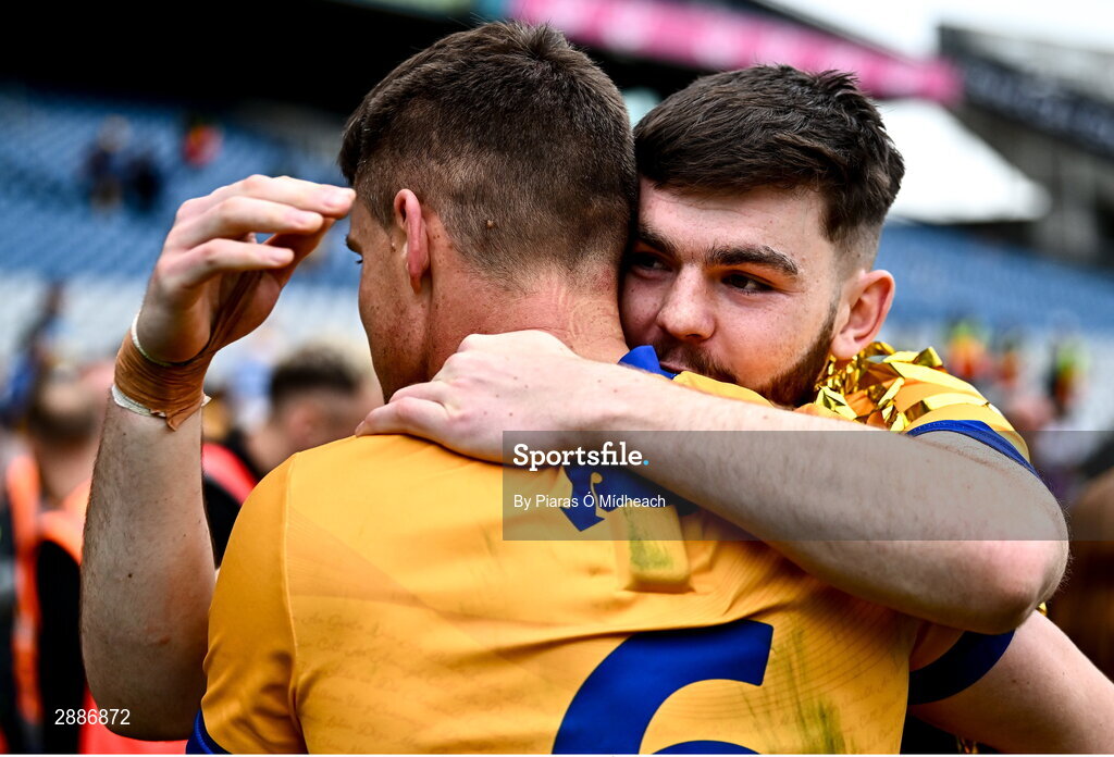21 July 2024; Clare players Conor Leen, right, and John Conlon celebrate after their side's victory in the GAA Hurling All-Ireland Senior Championship Final between Clare and Cork at Croke Park in Dublin. Photo by Piaras Ó Mídheach/Sportsfile