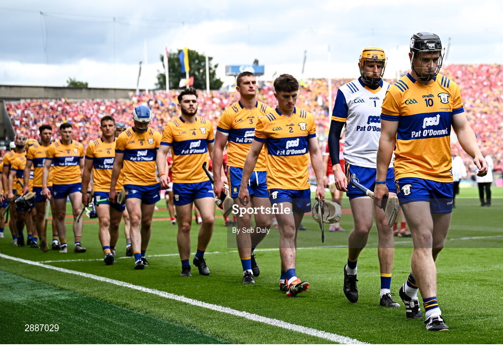 21 July 2024; Tony Kelly of Clare leads his side during the parade before GAA Hurling All-Ireland Senior Championship Final match between Clare and Cork at Croke Park in Dublin. Photo by Seb Daly/Sportsfile