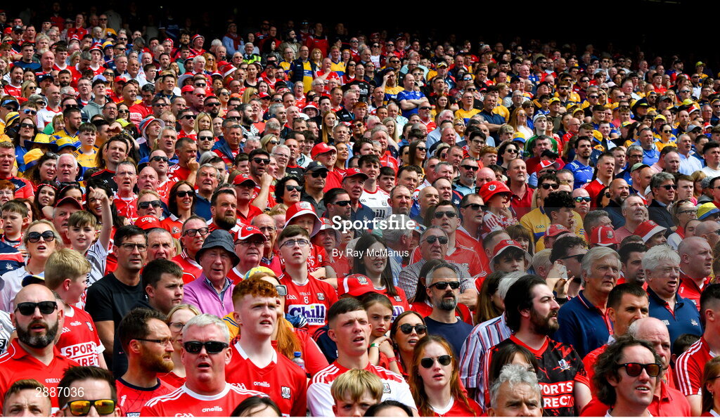 21 July 2024; Supporters, in the Cusack Stand, stand during the National Anthem before the GAA Hurling All-Ireland Senior Championship Final between Clare and Cork at Croke Park in Dublin. Photo by Ray McManus/Sportsfile