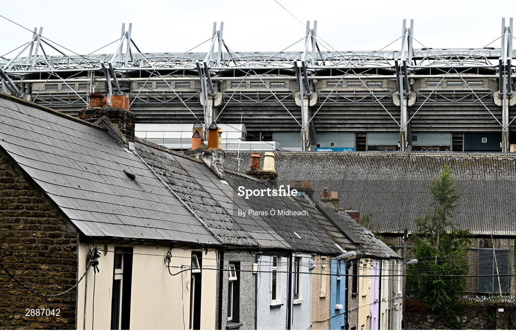 21 July 2024; A general view of Croke Park and nearby houses before the GAA Hurling All-Ireland Senior Championship Final between Clare and Cork at Croke Park in Dublin. Photo by Piaras Ó Mídheach/Sportsfile