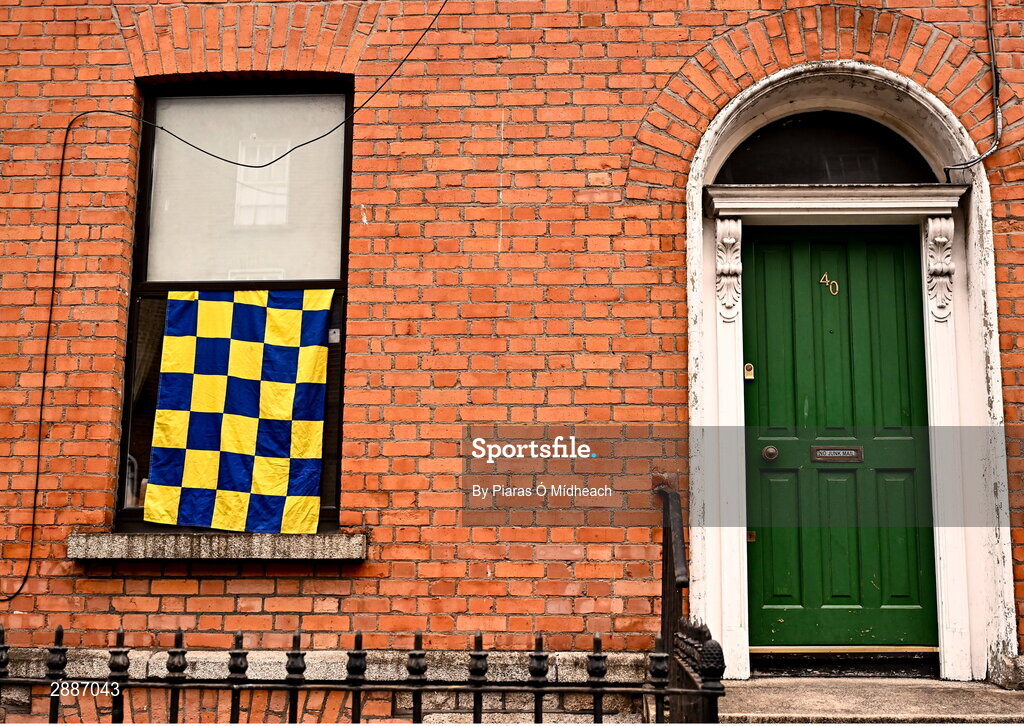 21 July 2024; A Clare flag on display in a house near the stadium before the GAA Hurling All-Ireland Senior Championship Final between Clare and Cork at Croke Park in Dublin. Photo by Piaras Ó Mídheach/Sportsfile