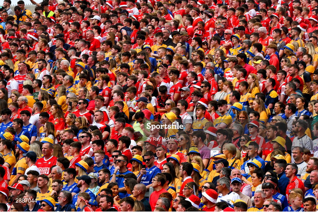 21 July 2024; Supporters, on Hill 16, stand during the National Anthem before the GAA Hurling All-Ireland Senior Championship Final between Clare and Cork at Croke Park in Dublin. Photo by Ray McManus/Sportsfile