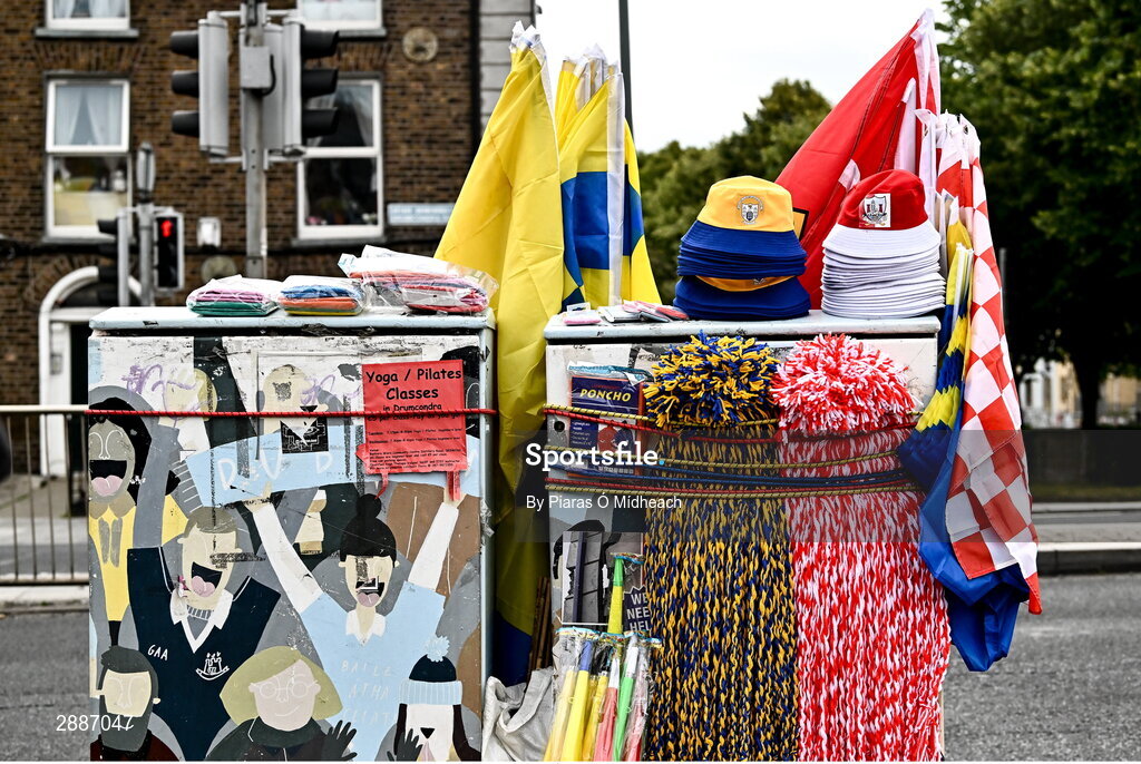 21 July 2024; Clare and Cork merchandise on sale outside the ground before the GAA Hurling All-Ireland Senior Championship Final between Clare and Cork at Croke Park in Dublin. Photo by Piaras Ó Mídheach/Sportsfile