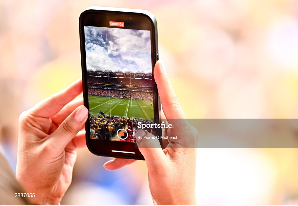 21 July 2024; A spectator records a video before the GAA Hurling All-Ireland Senior Championship Final between Clare and Cork at Croke Park in Dublin. Photo by Piaras Ó Mídheach/Sportsfile