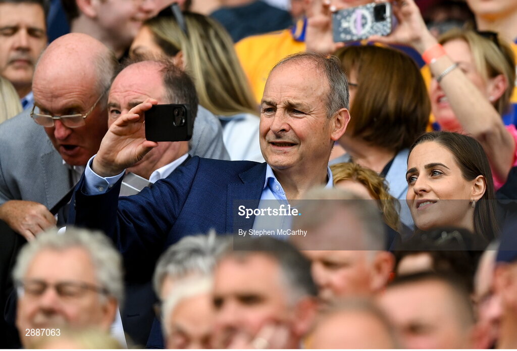 21 July 2024; Tánaiste Micheál Martin TD and daughter Aoibhe before the GAA Hurling All-Ireland Senior Championship Final between Clare and Cork at Croke Park in Dublin. Photo by Stephen McCarthy/Sportsfile