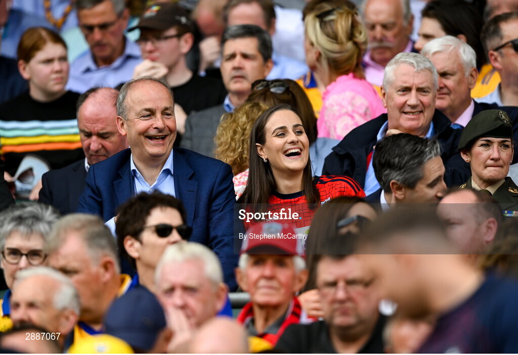 21 July 2024; Tánaiste Micheál Martin TD and daughter Aoibhe before the GAA Hurling All-Ireland Senior Championship Final between Clare and Cork at Croke Park in Dublin. Photo by Stephen McCarthy/Sportsfile