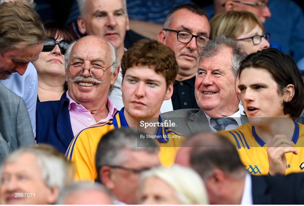 21 July 2024; Businessmen JP McManus, right, and Dermot Desmond before the GAA Hurling All-Ireland Senior Championship Final between Clare and Cork at Croke Park in Dublin. Photo by Stephen McCarthy/Sportsfile