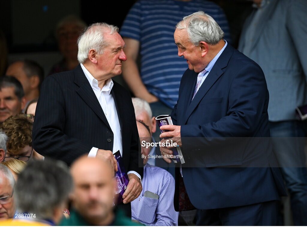 21 July 2024; Former Taoiseach Bertie Ahern, left, and Iar-Uachtarán Chumann Lúthchleas Gael Nickey Brennan before the GAA Hurling All-Ireland Senior Championship Final between Clare and Cork at Croke Park in Dublin. Photo by Stephen McCarthy/Sportsfile