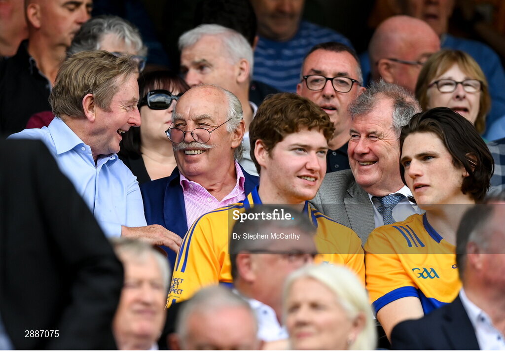21 July 2024; Former Taoiseach Enda Kenny, left with busniessmen Dermot Desmond and JP McManus, right before the GAA Hurling All-Ireland Senior Championship Final between Clare and Cork at Croke Park in Dublin. Photo by Stephen McCarthy/Sportsfile