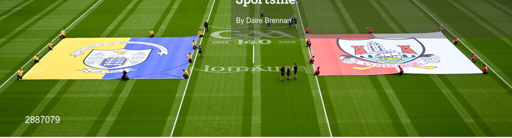 21 July 2024; The Clare and Cork flags on the field ahead of the GAA Hurling All-Ireland Senior Championship Final between Clare and Cork at Croke Park in Dublin. Photo by Daire Brennan/Sportsfile