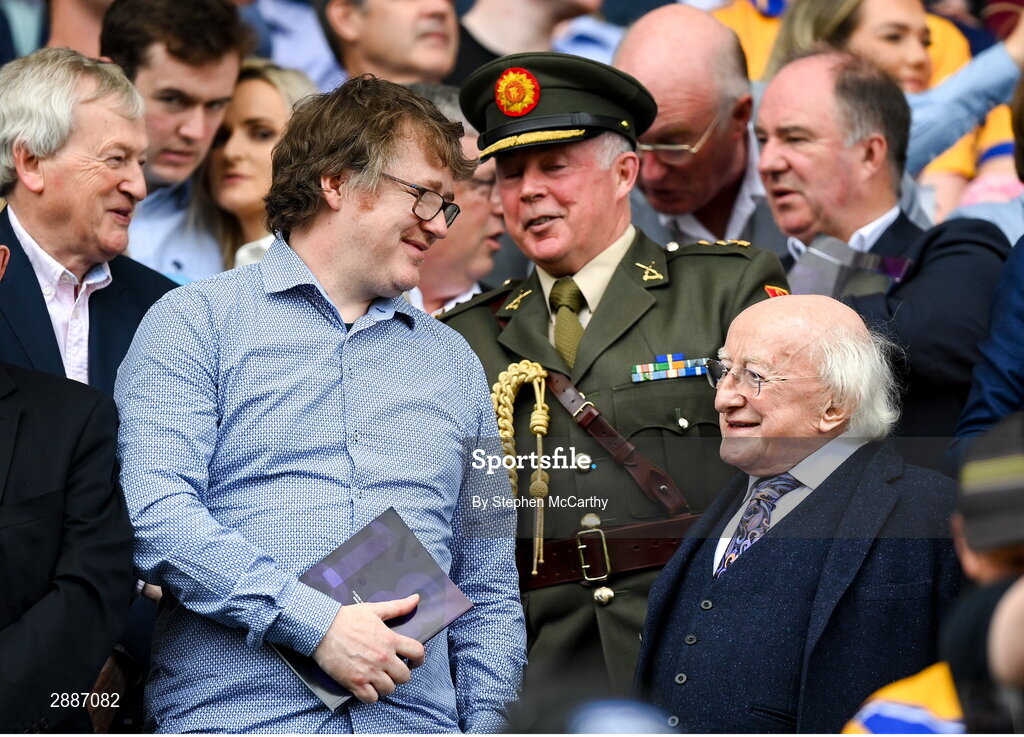 21 July 2024; President of Ireland Michael D Higgins and his son Michael Edward Higgins before the GAA Hurling All-Ireland Senior Championship Final between Clare and Cork at Croke Park in Dublin. Photo by Stephen McCarthy/Sportsfile