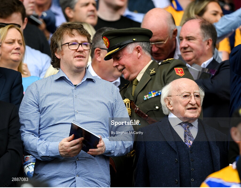 21 July 2024; President of Ireland Michael D Higgins and his son Michael Edward Higgins before the GAA Hurling All-Ireland Senior Championship Final between Clare and Cork at Croke Park in Dublin. Photo by Stephen McCarthy/Sportsfile