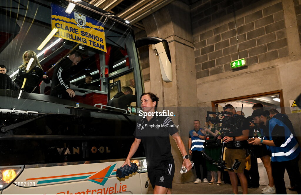 21 July 2024; Clare physiotherapist Kathryn Fahy arrives for the GAA Hurling All-Ireland Senior Championship Final between Clare and Cork at Croke Park in Dublin. Photo by Stephen McCarthy/Sportsfile