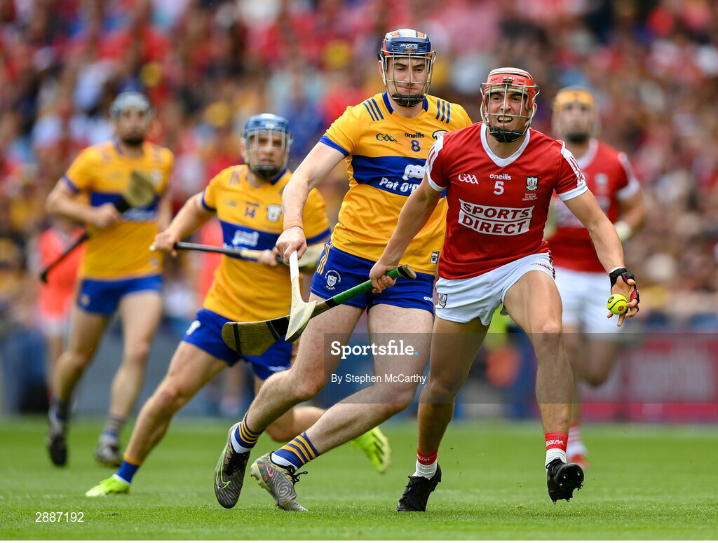 21 July 2024; Ciarán Joyce of Cork in action against David Fitzgerald of Clare during the GAA Hurling All-Ireland Senior Championship Final between Clare and Cork at Croke Park in Dublin. Photo by Stephen McCarthy/Sportsfile