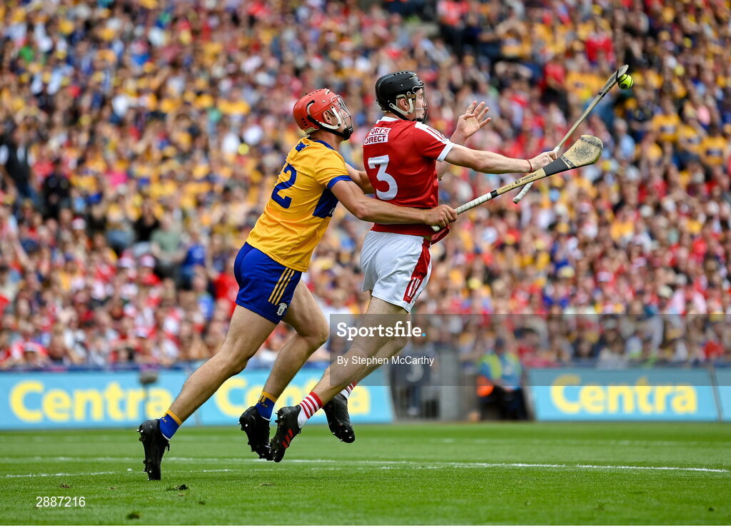 21 July 2024; Eoin Downey of Cork in action against Peter Duggan of Clare during the GAA Hurling All-Ireland Senior Championship Final between Clare and Cork at Croke Park in Dublin. Photo by Stephen McCarthy/Sportsfile