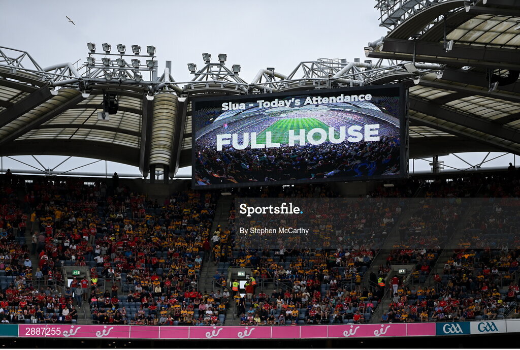 21 July 2024; A general view of the big screen indicating the game was a "Full House" during the GAA Hurling All-Ireland Senior Championship Final between Clare and Cork at Croke Park in Dublin. Photo by Stephen McCarthy/Sportsfile