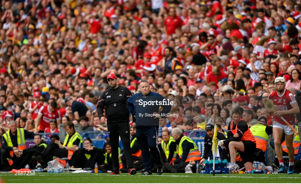 21 July 2024; Cork manager Pat Ryan and coach Donal O'Rourke, left, during the GAA Hurling All-Ireland Senior Championship Final between Clare and Cork at Croke Park in Dublin. Photo by Stephen McCarthy/Sportsfile
