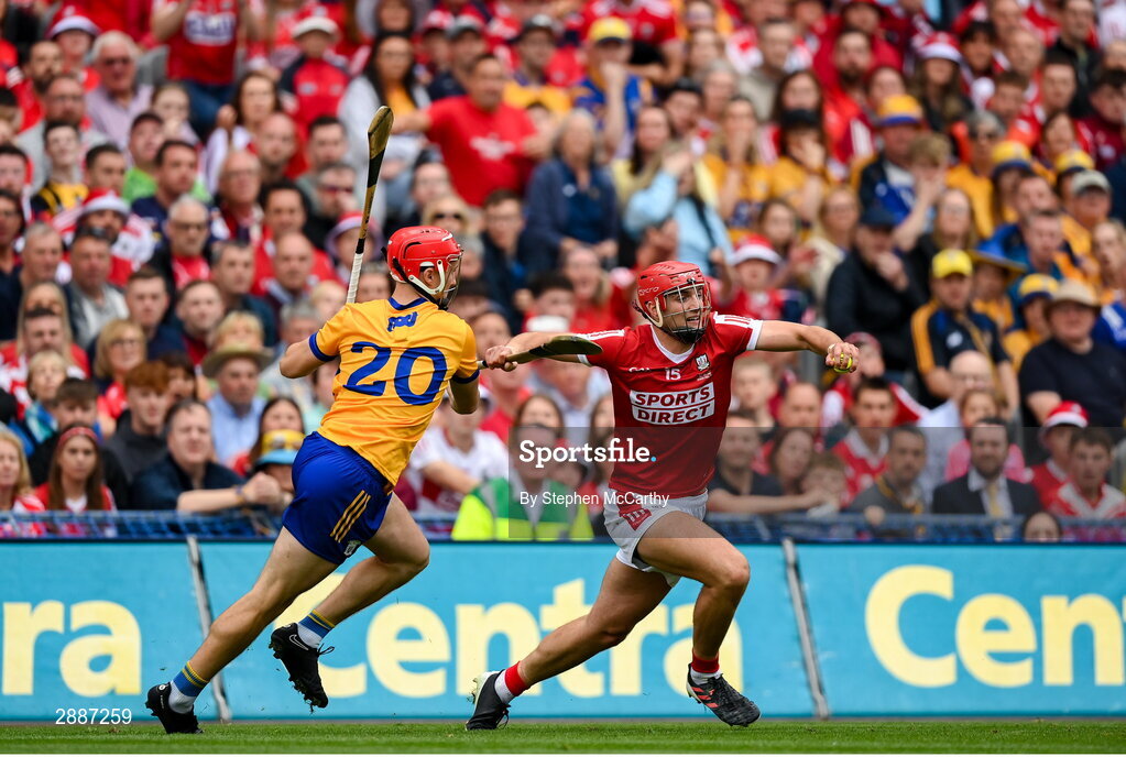 21 July 2024; Brian Hayes of Cork in action against Darragh Lohan of Clare during the GAA Hurling All-Ireland Senior Championship Final between Clare and Cork at Croke Park in Dublin. Photo by Stephen McCarthy/Sportsfile