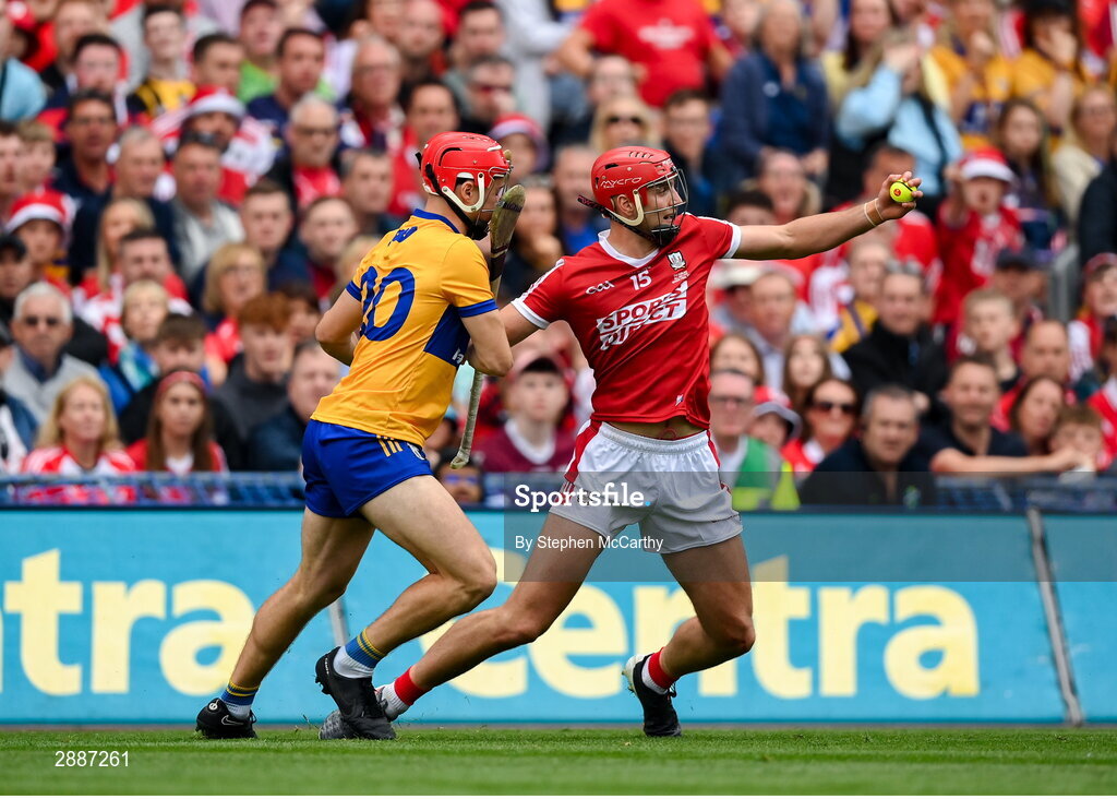 21 July 2024; Brian Hayes of Cork in action against Darragh Lohan of Clare during the GAA Hurling All-Ireland Senior Championship Final between Clare and Cork at Croke Park in Dublin. Photo by Stephen McCarthy/Sportsfile
