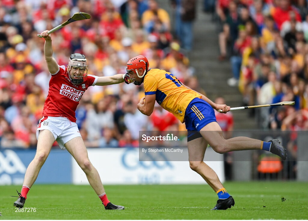 21 July 2024; Ethan Twomey of Cork in action against Peter Duggan of Clare during the GAA Hurling All-Ireland Senior Championship Final between Clare and Cork at Croke Park in Dublin. Photo by Stephen McCarthy/Sportsfile