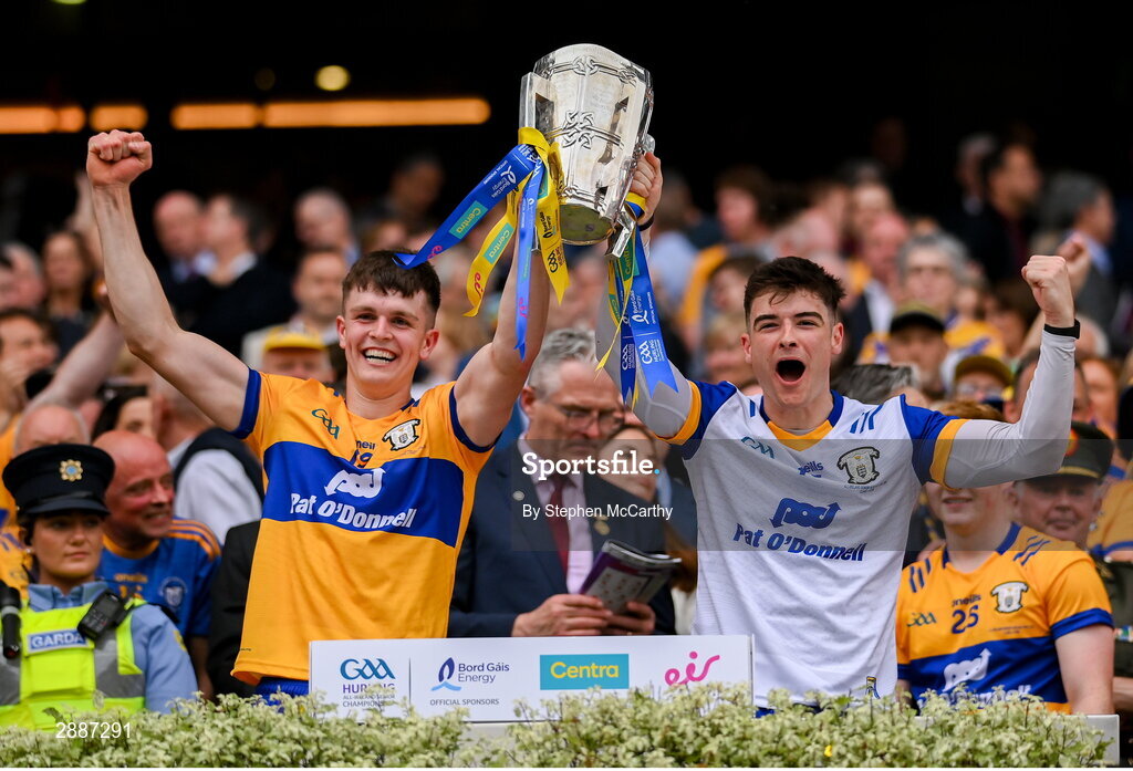 21 July 2024; Clare's Cian Galvin, left, and Cian Broderick lifts the Liam MacCarthy cup following victory in the GAA Hurling All-Ireland Senior Championship Final between Clare and Cork at Croke Park in Dublin. Photo by Stephen McCarthy/Sportsfile