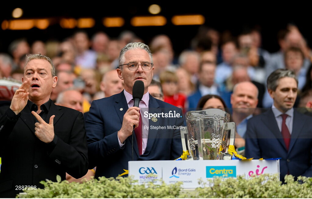 21 July 2024; Uachtarán Chumann Lúthchleas Gael Jarlath Burns makes a speech after the GAA Hurling All-Ireland Senior Championship Final between Clare and Cork at Croke Park in Dublin. Photo by Stephen McCarthy/Sportsfile