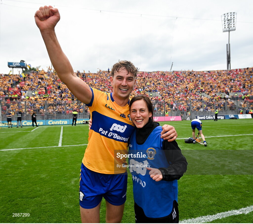 21 July 2024; Peter Duggan of Clare celebrates with physiotherapist Kathryn Fahy after the GAA Hurling All-Ireland Senior Championship Final between Clare and Cork at Croke Park in Dublin. Photo by Stephen McCarthy/Sportsfile