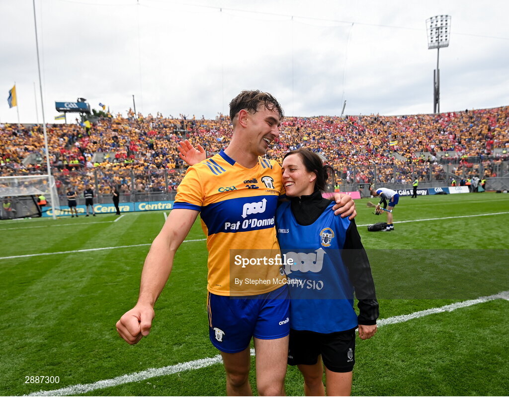 21 July 2024; Peter Duggan of Clare celebrates with physiotherapist Kathryn Fahy after the GAA Hurling All-Ireland Senior Championship Final between Clare and Cork at Croke Park in Dublin. Photo by Stephen McCarthy/Sportsfile