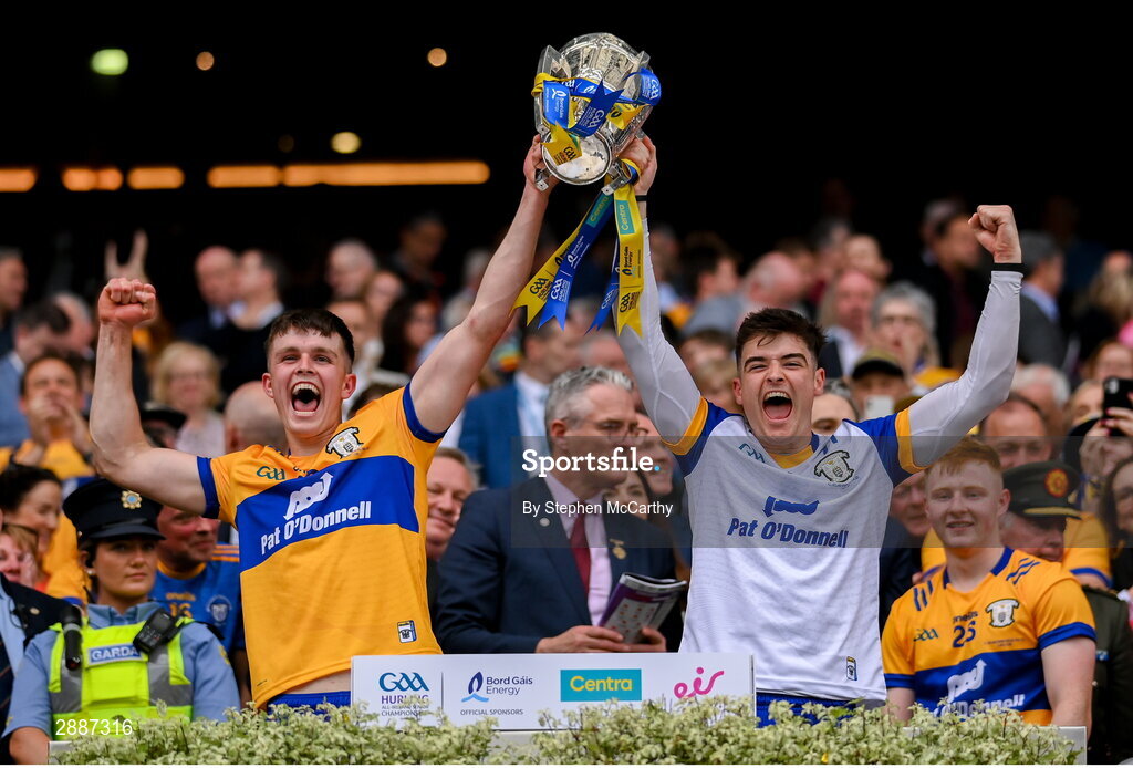 21 July 2024; Clare's Cian Galvin, left, and Cian Broderick lifts the Liam MacCarthy cup following victory in the GAA Hurling All-Ireland Senior Championship Final between Clare and Cork at Croke Park in Dublin. Photo by Stephen McCarthy/Sportsfile