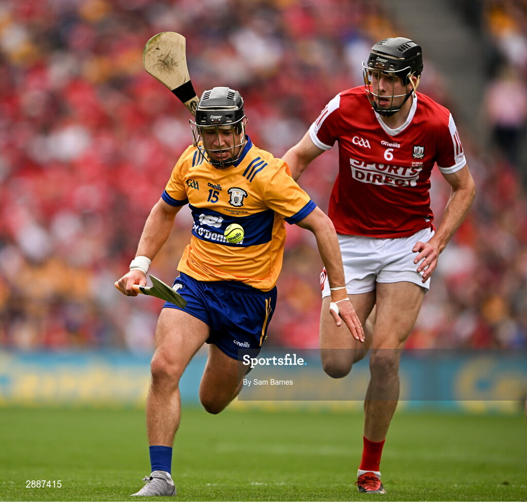 21 July 2024; David Reidy of Clare in action against Robert Downey of Cork during the GAA Hurling All-Ireland Senior Championship Final between Clare and Cork at Croke Park in Dublin. Photo by Sam Barnes/Sportsfile