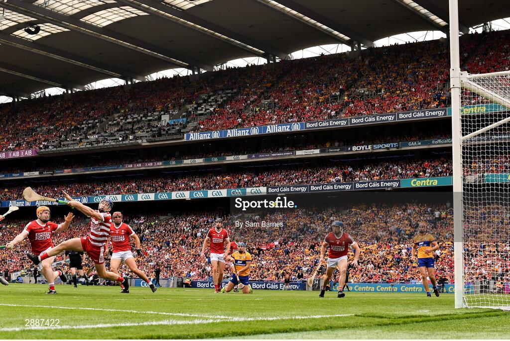 21 July 2024; Cork goalkeeper Patrick Collins is beaten by the shot of Aidan McCarthy of Clare during the GAA Hurling All-Ireland Senior Championship Final between Clare and Cork at Croke Park in Dublin. Photo by Sam Barnes/Sportsfile