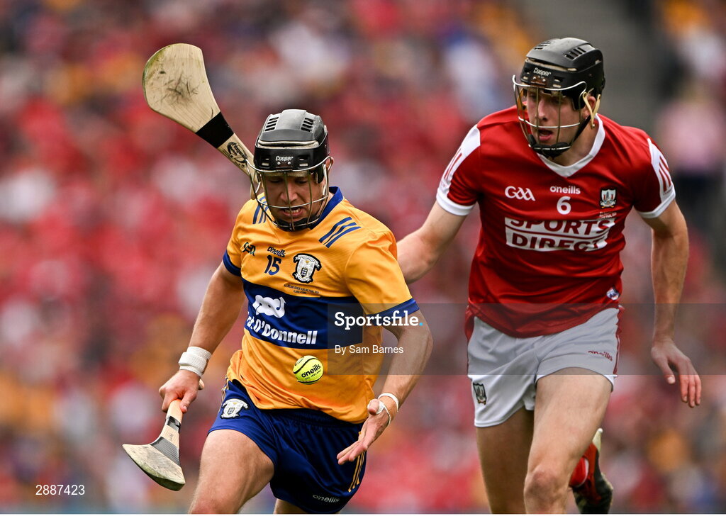 21 July 2024; David Reidy of Clare in action against Robert Downey of Cork during the GAA Hurling All-Ireland Senior Championship Final between Clare and Cork at Croke Park in Dublin. Photo by Sam Barnes/Sportsfile