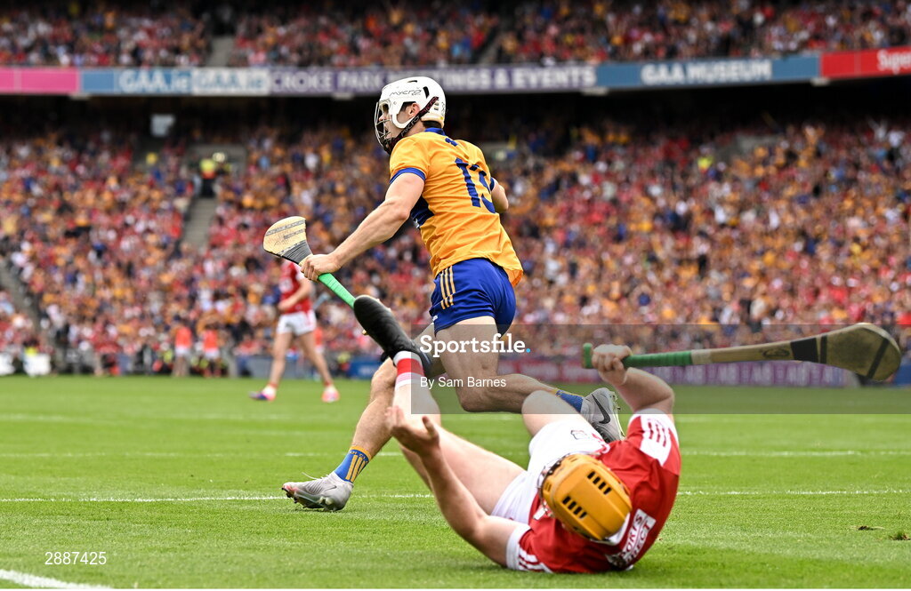 21 July 2024; Aidan McCarthy of Clare celebrates after scoring his side's first goal  during the GAA Hurling All-Ireland Senior Championship Final between Clare and Cork at Croke Park in Dublin. Photo by Sam Barnes/Sportsfile
