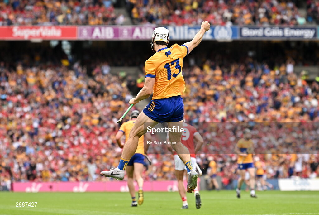 21 July 2024; Aidan McCarthy of Clare celebrates after scoring his side's first goal  during the GAA Hurling All-Ireland Senior Championship Final between Clare and Cork at Croke Park in Dublin. Photo by Sam Barnes/Sportsfile