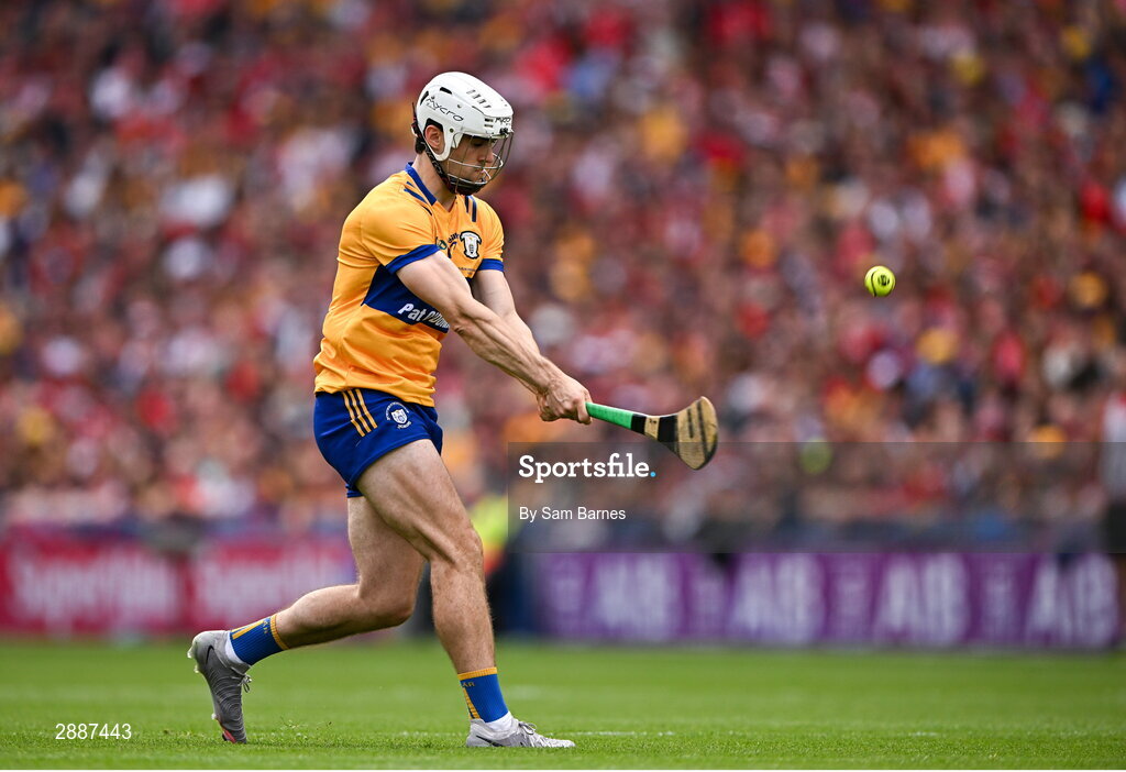 21 July 2024; Aidan McCarthy of Clare takes a free during the GAA Hurling All-Ireland Senior Championship Final between Clare and Cork at Croke Park in Dublin. Photo by Sam Barnes/Sportsfile