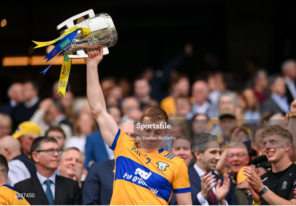 21 July 2024; David McInerney of Clare lifts the Liam MacCarthy cup following victory in the GAA Hurling All-Ireland Senior Championship Final between Clare and Cork at Croke Park in Dublin. Photo by Stephen McCarthy/Sportsfile