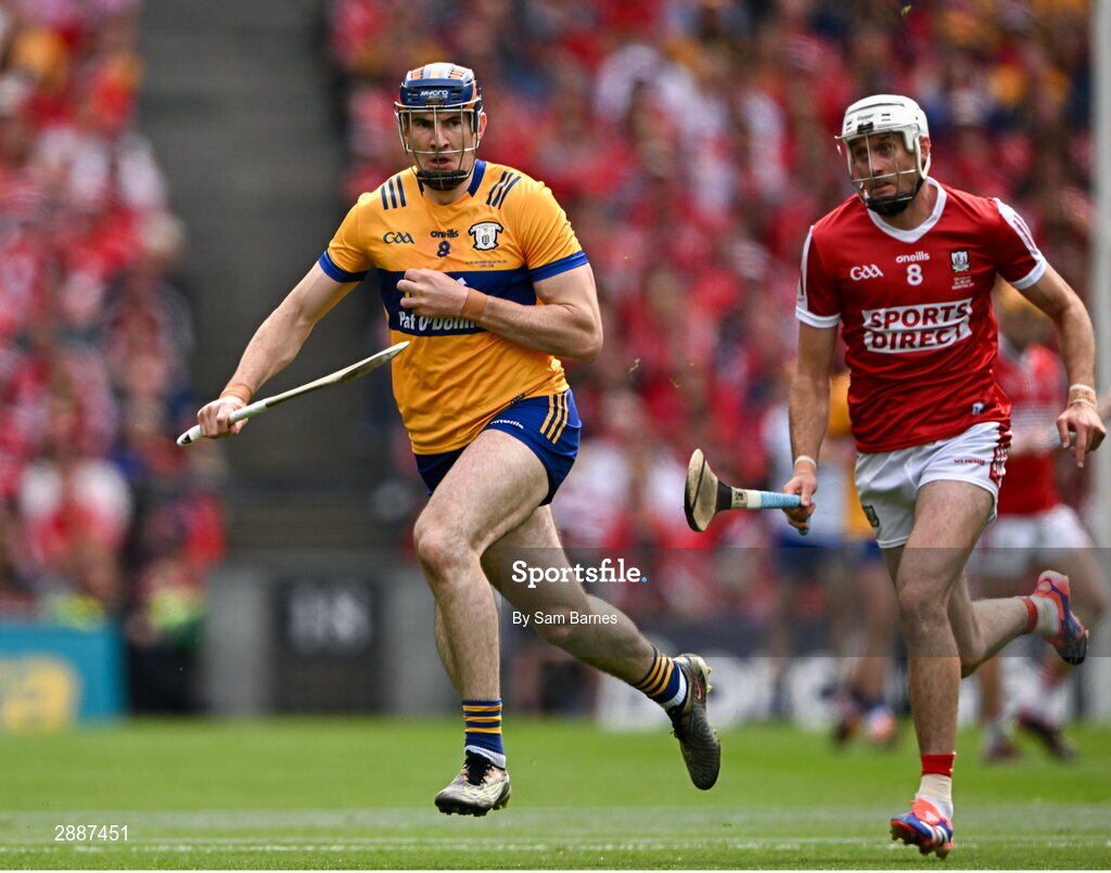 21 July 2024; David Fitzgerald of Clare in action against Tim O'Mahony of Cork during the GAA Hurling All-Ireland Senior Championship Final between Clare and Cork at Croke Park in Dublin. Photo by Sam Barnes/Sportsfile