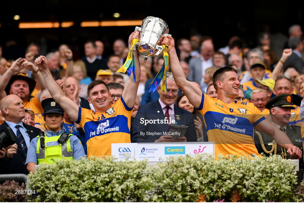 21 July 2024; Ian Galvin, left, and John Conlon of Clare lift the Liam MacCarthy cup following victory in the GAA Hurling All-Ireland Senior Championship Final between Clare and Cork at Croke Park in Dublin. Photo by Stephen McCarthy/Sportsfile