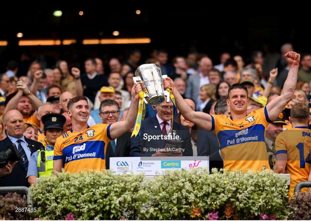 21 July 2024; Ian Galvin, left, and John Conlon of Clare lift the Liam MacCarthy cup following victory in the GAA Hurling All-Ireland Senior Championship Final between Clare and Cork at Croke Park in Dublin. Photo by Stephen McCarthy/Sportsfile