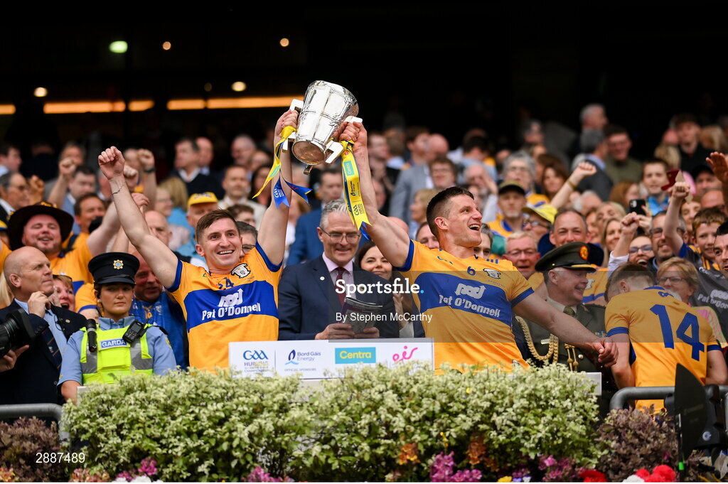 21 July 2024; Ian Galvin, left, and John Conlon of Clare lift the Liam MacCarthy cup following victory in the GAA Hurling All-Ireland Senior Championship Final between Clare and Cork at Croke Park in Dublin. Photo by Stephen McCarthy/Sportsfile