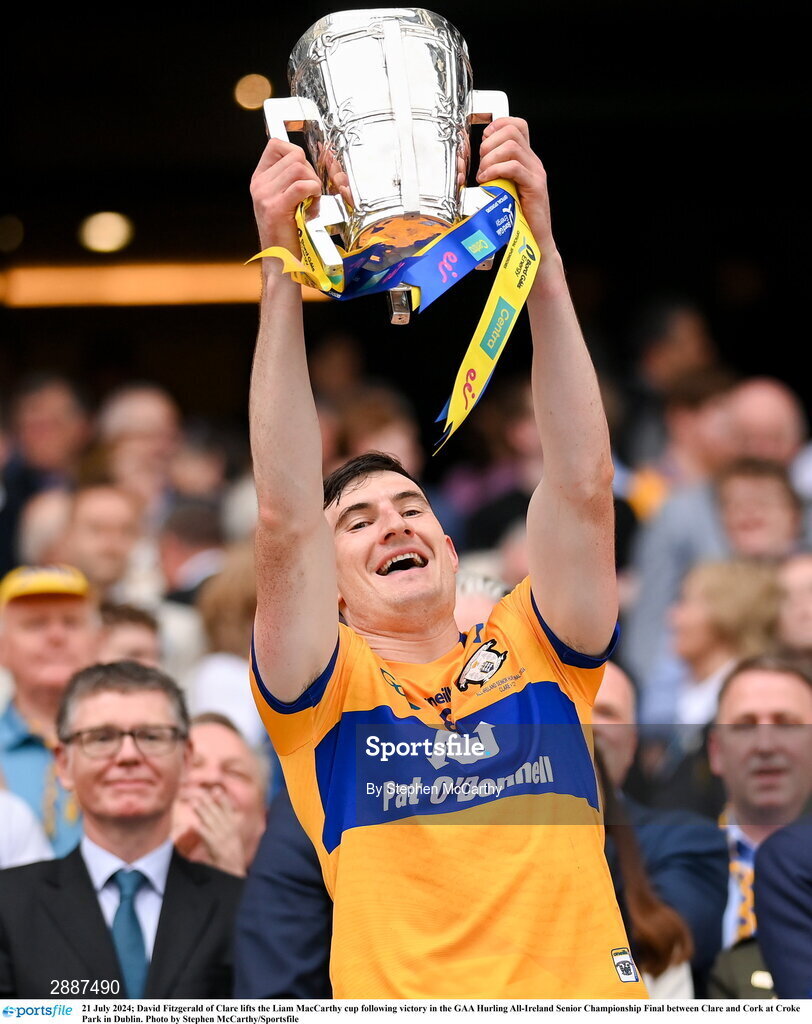21 July 2024; David Fitzgerald of Clare lifts the Liam MacCarthy cup following victory in the GAA Hurling All-Ireland Senior Championship Final between Clare and Cork at Croke Park in Dublin. Photo by Stephen McCarthy/Sportsfile