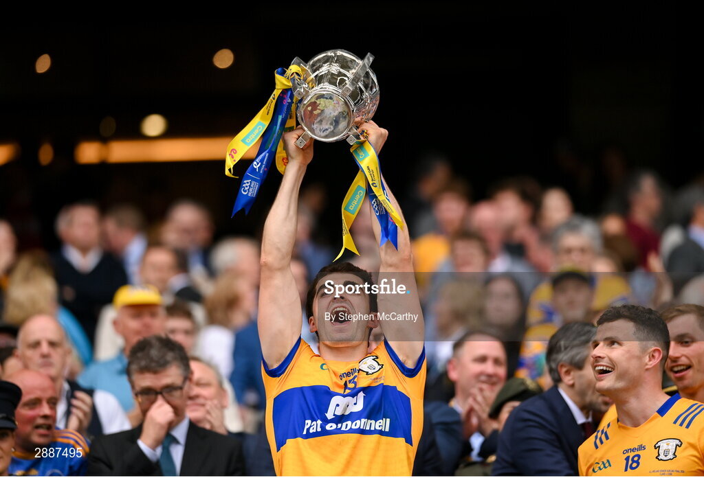 21 July 2024; Aidan McCarthy of Clare lifts the Liam MacCarthy cup following victory in the GAA Hurling All-Ireland Senior Championship Final between Clare and Cork at Croke Park in Dublin. Photo by Stephen McCarthy/Sportsfile