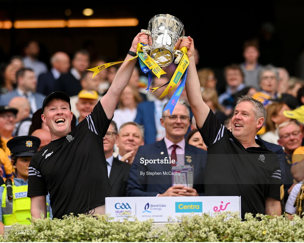 21 July 2024; Clare selectors Shane Hassett, left, and Ken Ralph lift the Liam MacCarthy cup following victory in the GAA Hurling All-Ireland Senior Championship Final between Clare and Cork at Croke Park in Dublin. Photo by Stephen McCarthy/Sportsfile