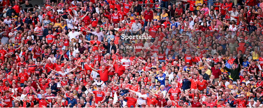 21 July 2024; Cork supporters, in the Hogan Stand, dispute a lineball call during the GAA Hurling All-Ireland Senior Championship Final between Clare and Cork at Croke Park in Dublin. Photo by Ray McManus/Sportsfile