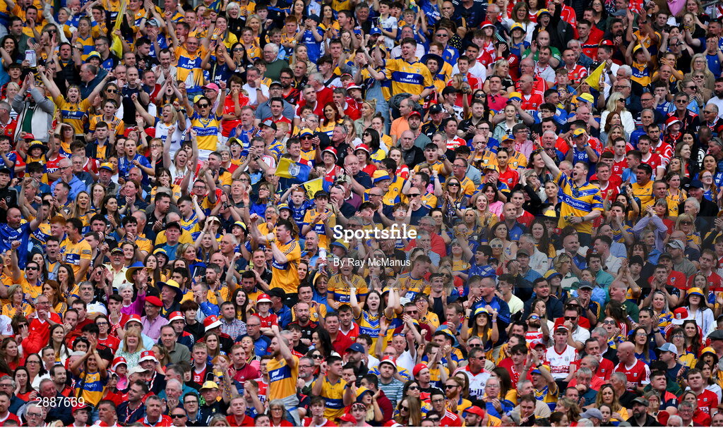 21 July 2024; Clare and Cork supporters, in the Hogan Stand, during the GAA Hurling All-Ireland Senior Championship Final between Clare and Cork at Croke Park in Dublin. Photo by Ray McManus/Sportsfile