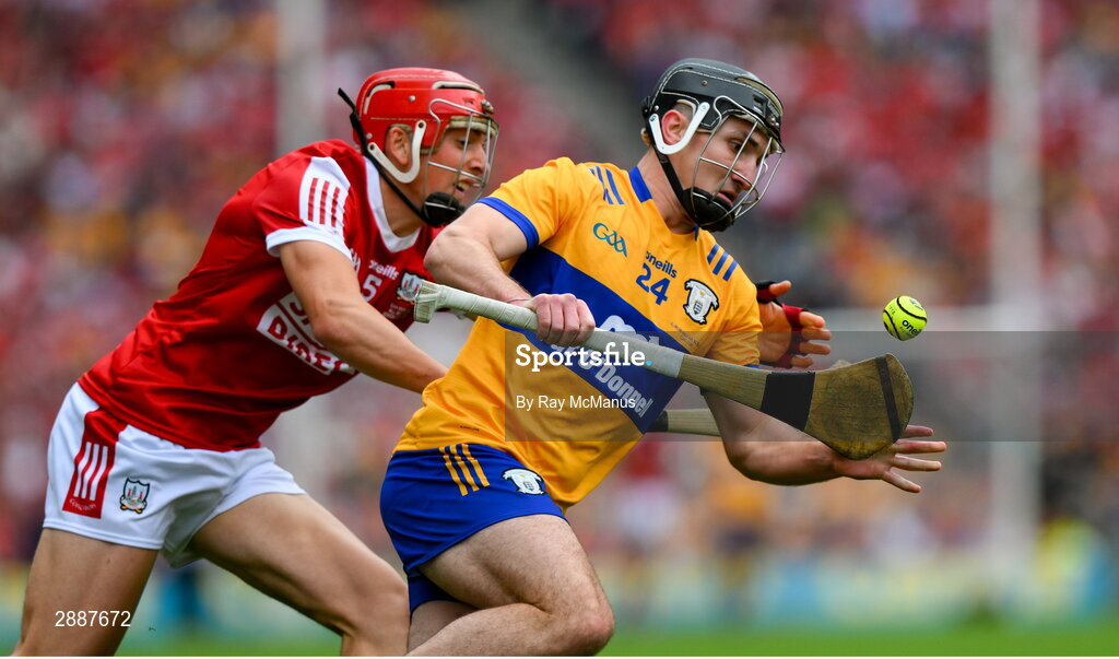 21 July 2024; Ian Galvin of Clare is tackled by Ciarán Joyce of Cork during the GAA Hurling All-Ireland Senior Championship Final between Clare and Cork at Croke Park in Dublin. Photo by Ray McManus/Sportsfile