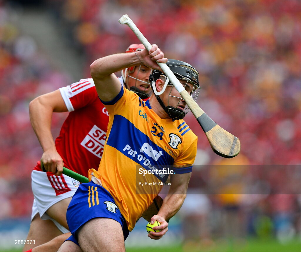 21 July 2024; Ian Galvin of Clare is tackled by Ciarán Joyce of Cork during the GAA Hurling All-Ireland Senior Championship Final between Clare and Cork at Croke Park in Dublin. Photo by Ray McManus/Sportsfile