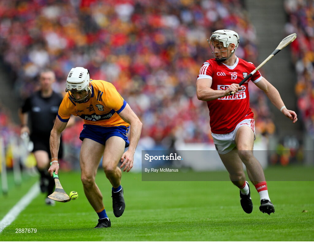 21 July 2024; Ryan Taylor of Clare is tackled by Tommy O'Connell of Cork during the GAA Hurling All-Ireland Senior Championship Final between Clare and Cork at Croke Park in Dublin. Photo by Ray McManus/Sportsfile