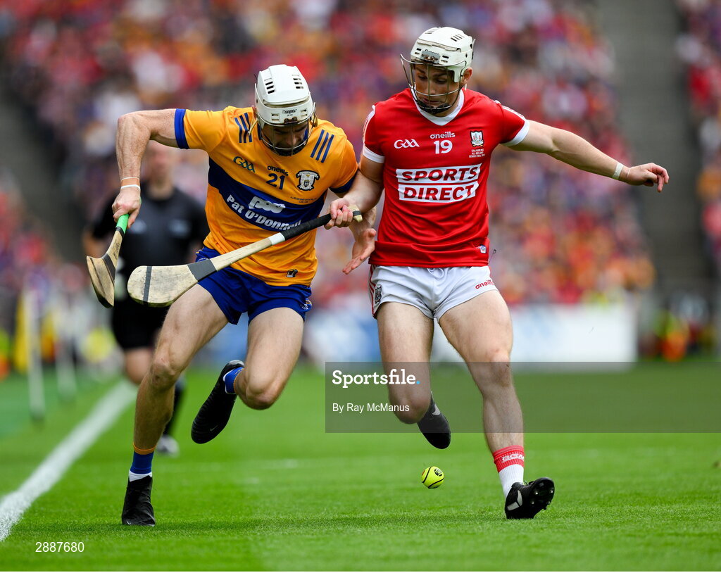 21 July 2024; Ryan Taylor of Clare is tackled by Tommy O'Connell of Cork during the GAA Hurling All-Ireland Senior Championship Final between Clare and Cork at Croke Park in Dublin. Photo by Ray McManus/Sportsfile